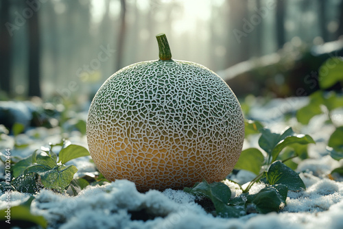 A solitary snow-dusted cantaloupe amidst a forest scene with sunlight