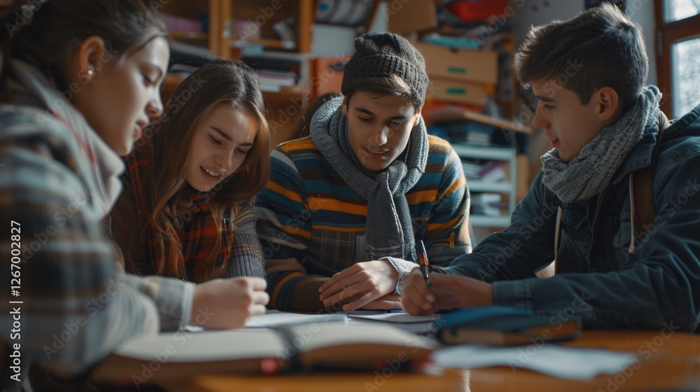 A group of people are sitting around a table with books and writing A group of people are sitting around a table with books and writing