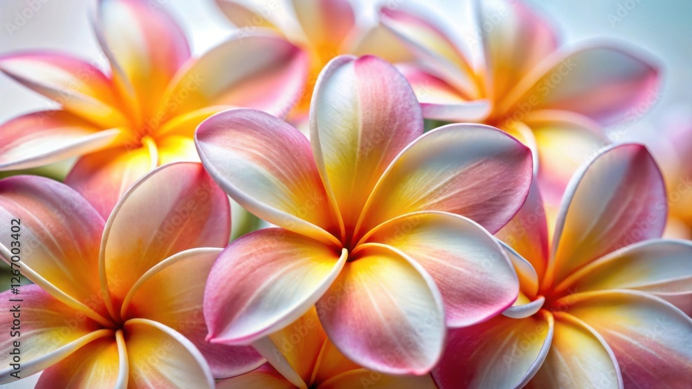 Close-up view of delicate, pastel-colored blossoms with vibrant yellow centers, showcasing intricate petal details and soft, natural light Close-up view of delicate, pastel-colored blossoms with vibrant yellow centers, showcasing intricate petal details and soft, natural light
