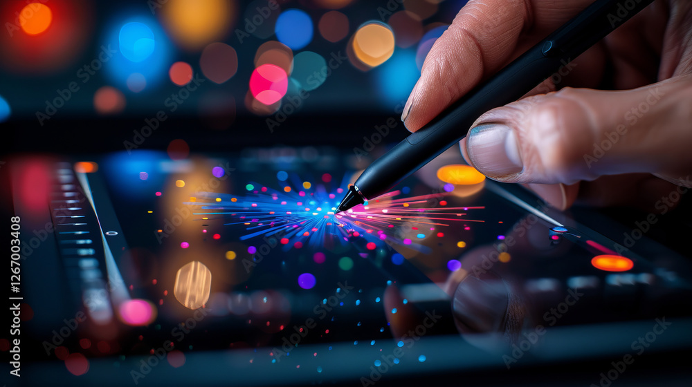Digital Artist at Work: A close-up of a hand holding a stylus, drawing vibrant, colorful abstract shapes on a tablet. The image embodies creativity, innovation, and the power of technology. Digital Artist at Work: A close-up of a hand holding a stylus, drawing vibrant, colorful abstract shapes on a tablet. The image embodies creativity, innovation, and the power of technology.