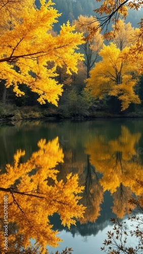 Reflections of golden maple leaves in serene lake, autumn nature, serene lake