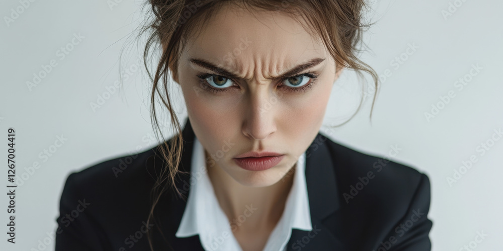 A confident woman with an intense expression engages in a discussion, showcasing her leadership and commitment in a corporate environment