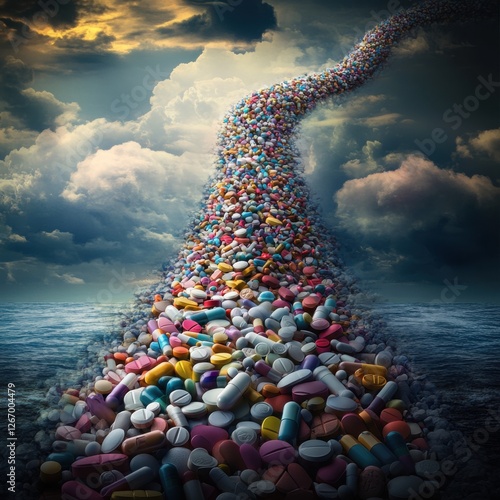 A colorful path of pills on a cloudy sea. photo