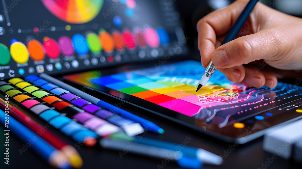 Fototapeta premium Digital Artistry: A hand meticulously applies color to a digital canvas on a tablet, surrounded by a vibrant array of colored pencils and a color wheel, showcasing the creative process of digital art.