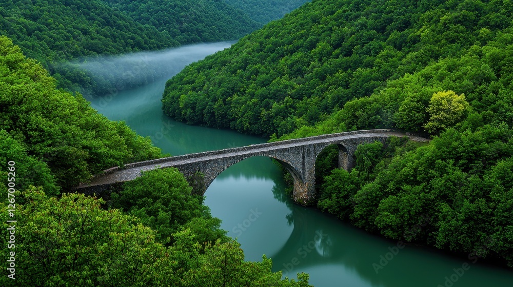 Serene Landscape with Stone Bridge over Tranquil River Amidst Lush Green Hills and Forests Serene Landscape with Stone Bridge over Tranquil River Amidst Lush Green Hills and Forests