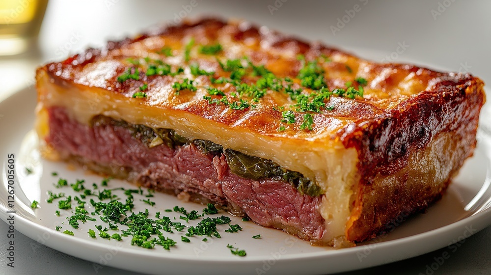 Corned beef and cabbage pie served with creamy mustard sauce, styled as a traditional comfort dish, Corned beef and cabbage pie served with creamy mustard sauce, styled as a traditional comfort dish,
