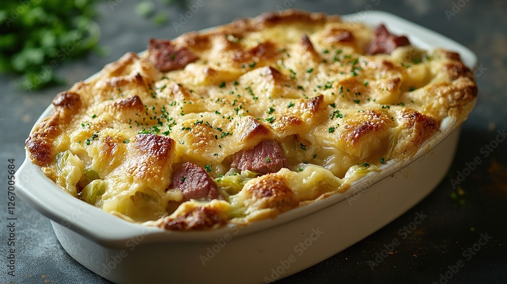 Corned beef and cabbage pie served with creamy mustard sauce, styled as a traditional comfort dish, Corned beef and cabbage pie served with creamy mustard sauce, styled as a traditional comfort dish,