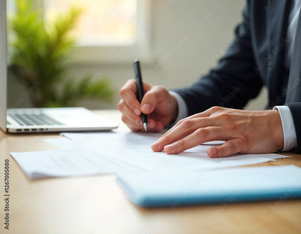 Business Professional Writing at Desk with Laptop in Office Setting Focused on Productivity and Document Preparation Business Professional Writing at Desk with Laptop in Office Setting Focused on Productivity and Document Preparation