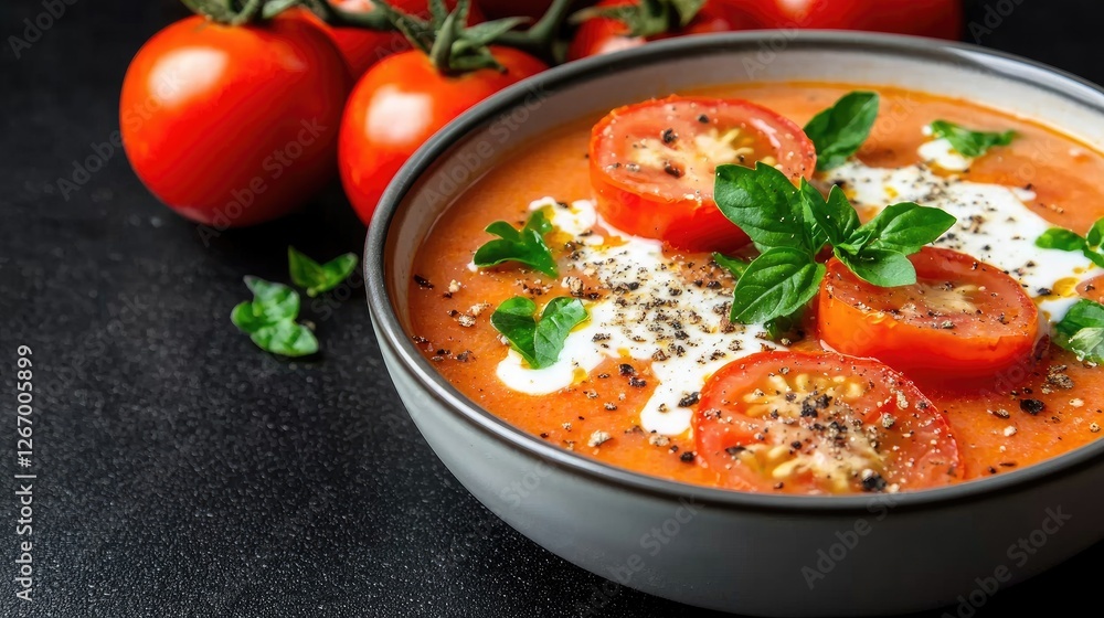 Tomato Soup in Bowl with Toppings Tomato Soup in Bowl with Toppings