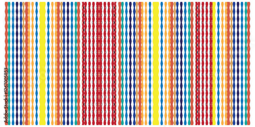 
Decorative square colorful geometric print pattern featuring vertical stripes of diamonds and triangles, bordered by layered frames in vibrant hues.