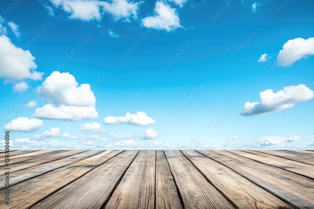 Wooden deck, sunny sky, clouds, outdoor, summer, background, product display Wooden deck, sunny sky, clouds, outdoor, summer, background, product display