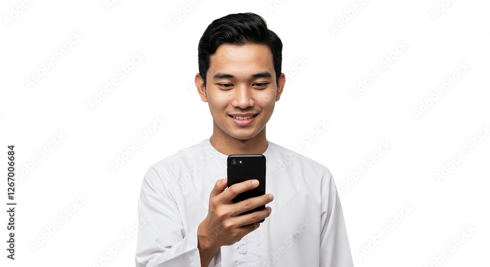 Young Man Using Smartphone Smiling Wearing White Thobe Outfit Isolated Young Man Using Smartphone Smiling Wearing White Thobe Outfit Isolated