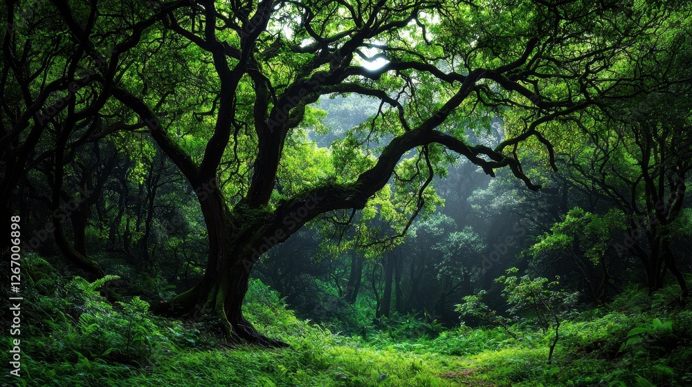 Lush Green Forest with Majestic Trees and Misty Atmosphere in a Natural Setting Lush Green Forest with Majestic Trees and Misty Atmosphere in a Natural Setting
