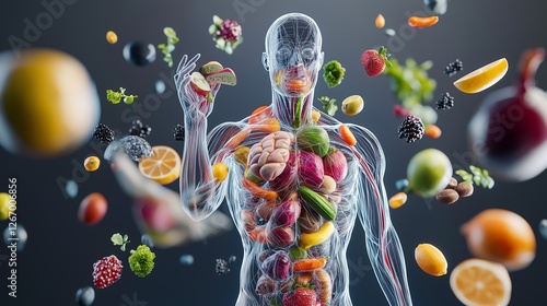 Transparent human anatomy revealing muscle structure and internal organs, encircled by levitating colorful produce highlighting nutritional wellness and balanced dietary lifestyle