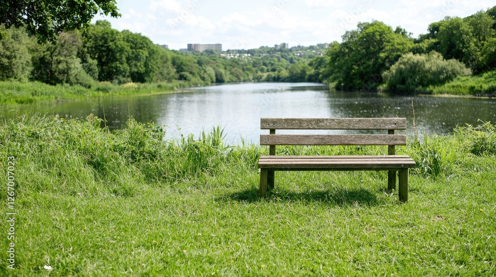 Tranquil park bench by a river Tranquil park bench by a river