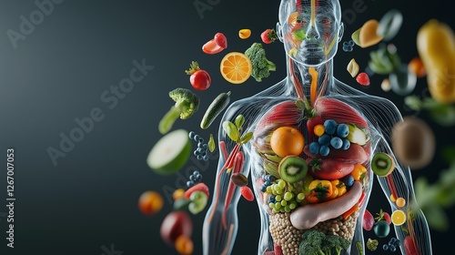 Transparent human anatomy silhouette displaying colorful fruits, vegetables highlighting nutritional balance, internal organ health, wellness benefits of clean eating