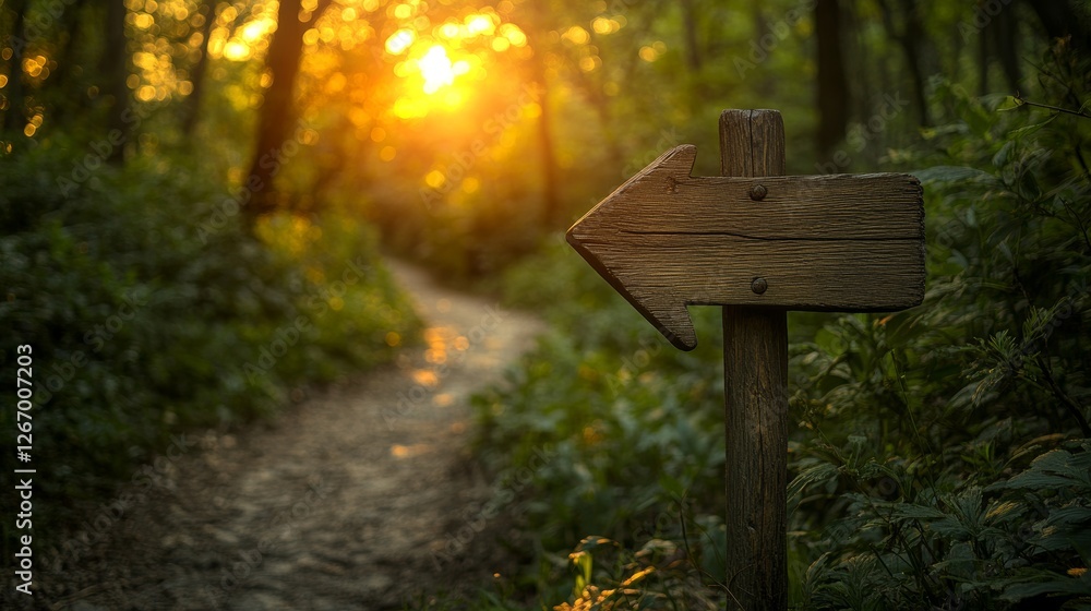 Carved Arrow Signpost on Scenic Mountain Path at Sunset Carved Arrow Signpost on Scenic Mountain Path at Sunset