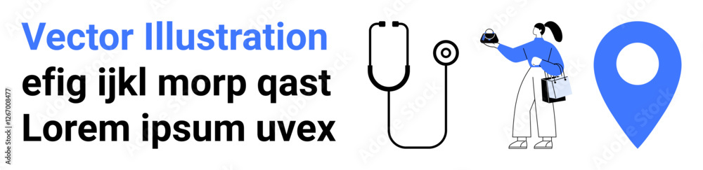 Stethoscope, location pin, person holding a digital gadget. Ideal for healthcare, telemedicine, medical services, online consultations, professional tools, technology flat landing page banner Stethoscope, location pin, person holding a digital gadget. Ideal for healthcare, telemedicine, medical services, online consultations, professional tools, technology flat landing page banner