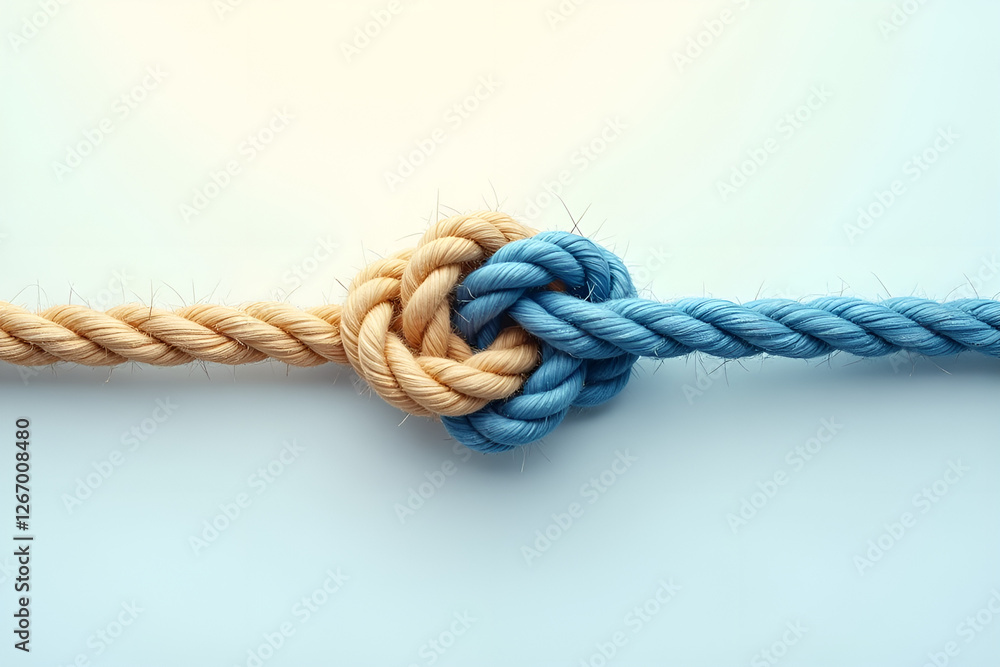 A conceptual digital illustration of a knot formed by two different ropes, symbolizing unity and connection. One rope is natural beige hemp, while the other is synthetic blue nylon. The knot is tightl A conceptual digital illustration of a knot formed by two different ropes, symbolizing unity and connection. One rope is natural beige hemp, while the other is synthetic blue nylon. The knot is tightl