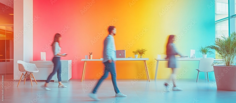 Modern office environment with professionals walking, vibrant gradient wall, plants, and desks Modern office environment with professionals walking, vibrant gradient wall, plants, and desks
