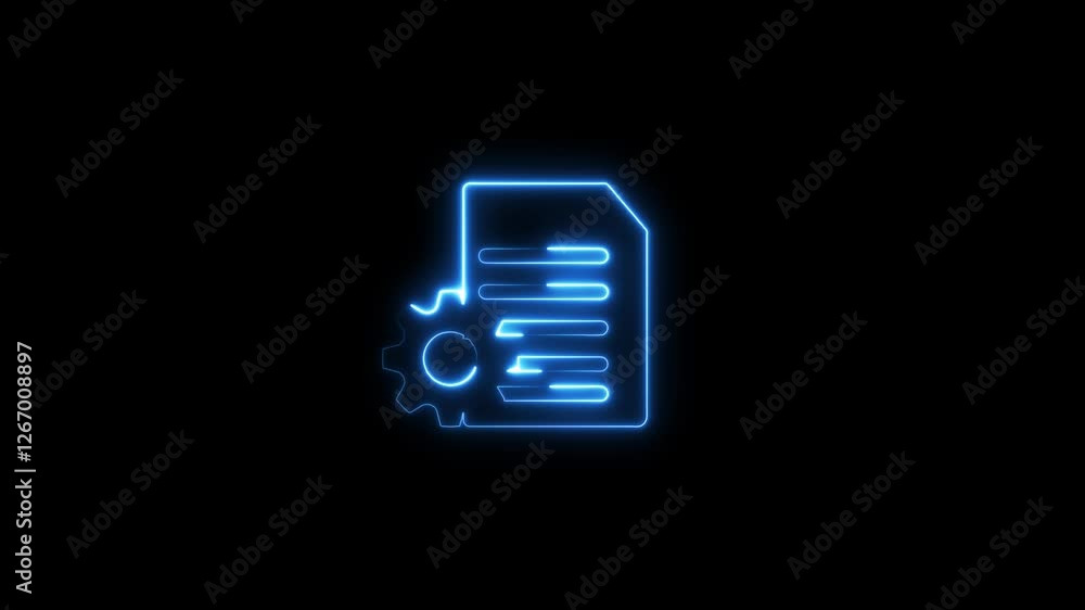 Neon line Document settings with gears icon isolated on black background. Software update, transfer. Document icon with neon line animation. Neon line Document settings with gears icon isolated on black background. Software update, transfer. Document icon with neon line animation.