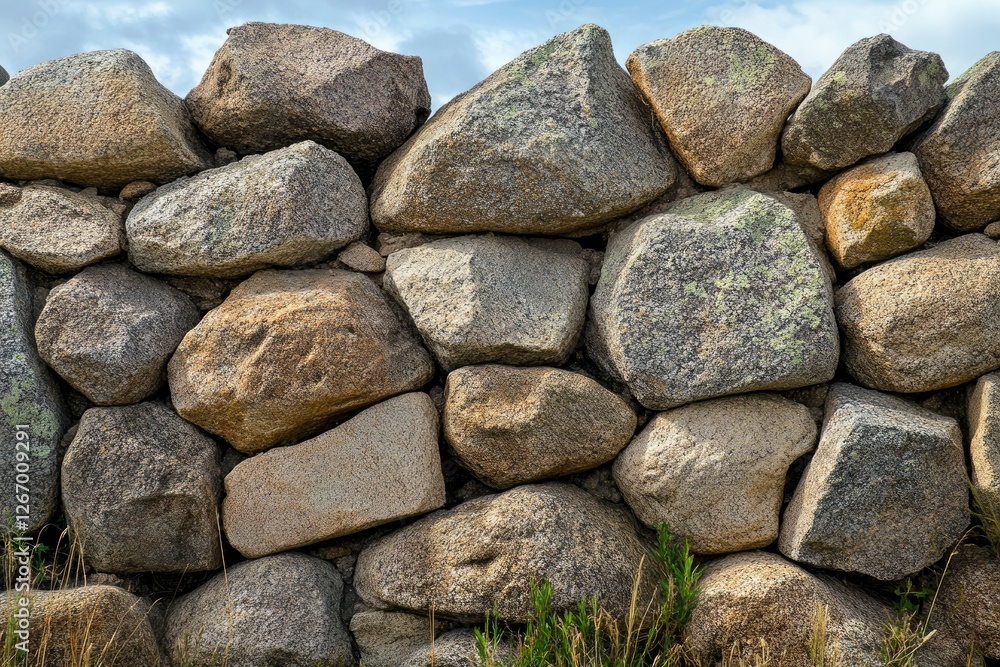 Sunlit textured stone wall with soft depth of field. AI image