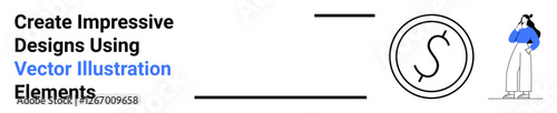 Woman thinking with hand on chin near coin sign suggests creativity and conceptual solutions. Ideal for brainstorming, finance, branding, marketing, design tools, digital strategy, flat landing page