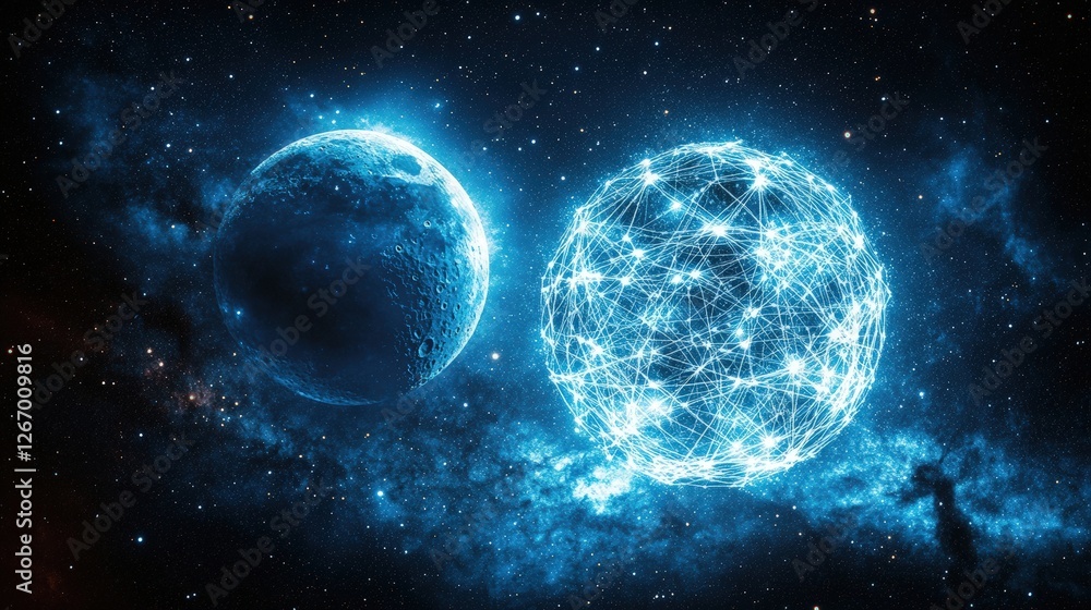 Fototapeta premium Blue spheres in the center of a colorful nebula with a starry night sky and a blue moon