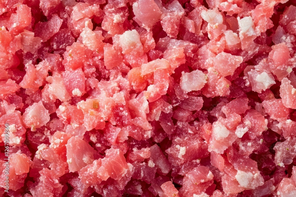 Raw minced meat texture close-up with pink tones. AI image Raw minced meat texture close-up with pink tones. AI image