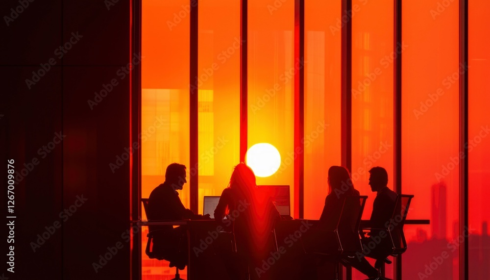 Business team meeting at sunset in an office with a city background Business team meeting at sunset in an office with a city background