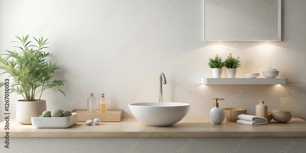 Serene minimalist bathroom vanity with a modern sink, plants, and natural decor Serene minimalist bathroom vanity with a modern sink, plants, and natural decor