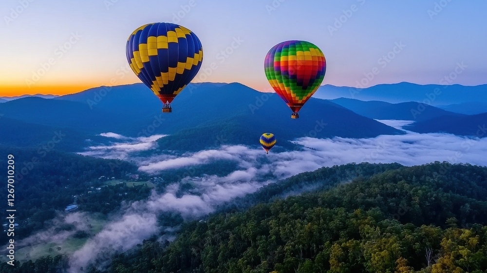 Fototapeta premium Colorful Hot Air Balloons Floating Above Misty Mountains at Sunrise in a Scenic Landscape
