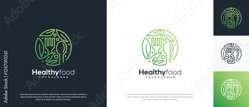 Healthy food logo design vector concept. Healthy food logo icon with leaf.