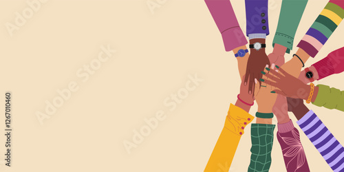 Group of multiracial hands putting together. Concept of teamwork, social movement, partnership, cooperation. Hand drawn vector illustration isolated on light background.Modern flat cartoon style.