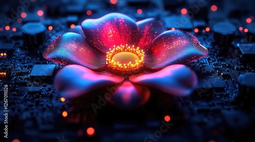 A vibrant digital flower emerging from a circuit board, symbolizing technology and nature fusion
