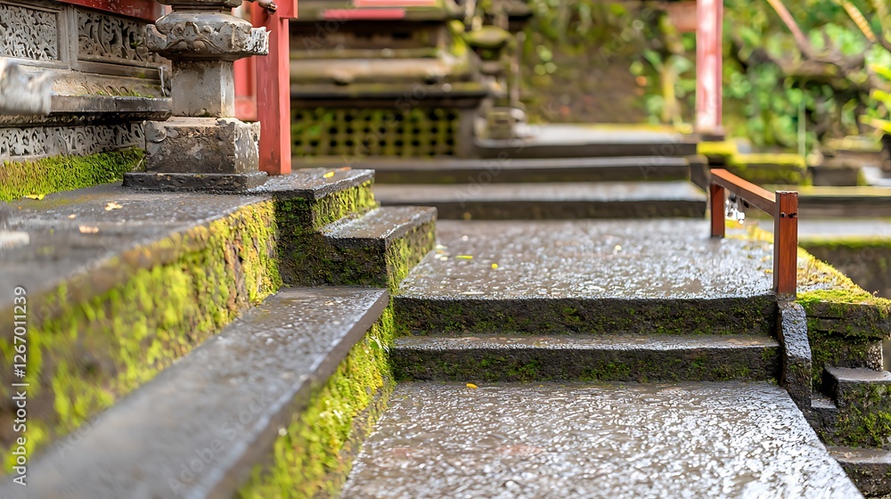 Serene stone steps covered in moss leading to a tranquil temple surrounded by lush greenery Serene stone steps covered in moss leading to a tranquil temple surrounded by lush greenery