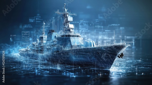 Futuristic warship in digital ocean environment.