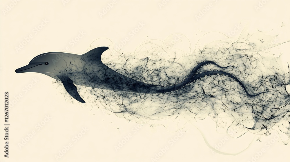 Obraz premium Graceful dolphin swims leaving elegant dark trail soft sepia tones. AI Generated