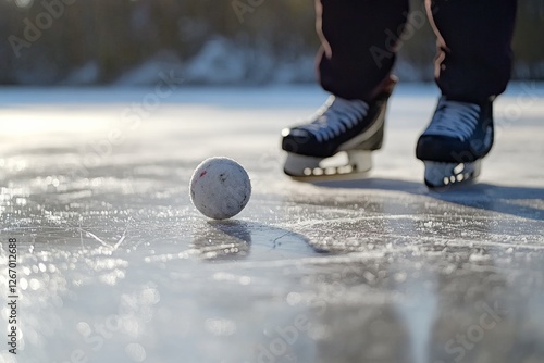 Close-up of a bandy ball on a frozen lake with a player wearing ice skates getting ready for the face-off
