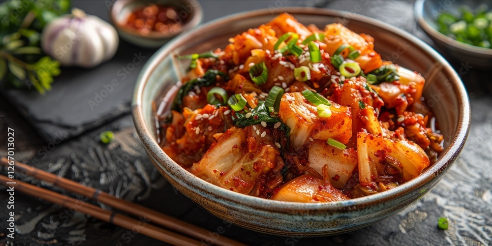Rustic bowl of spicy kimchi garnished with green onion. AI image Rustic bowl of spicy kimchi garnished with green onion. AI image