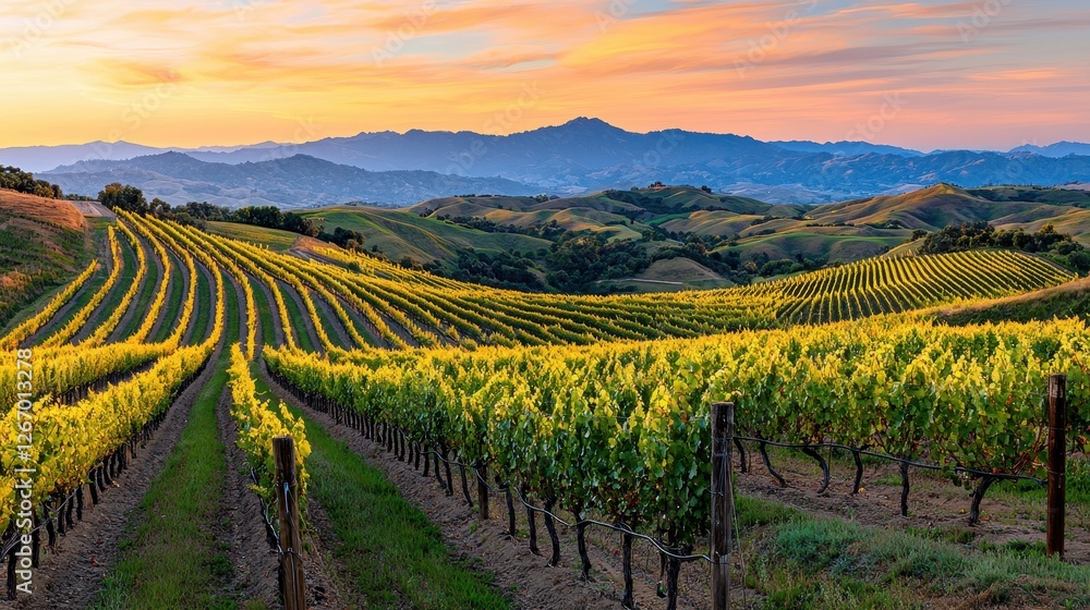 Fototapeta premium Scenic Vineyard Landscape with Rows of Grapevines and Beautiful Sunset Over Rolling Hills
