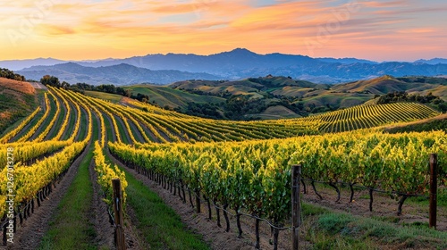 Wallpaper Mural Scenic Vineyard Landscape with Rows of Grapevines and Beautiful Sunset Over Rolling Hills Torontodigital.ca