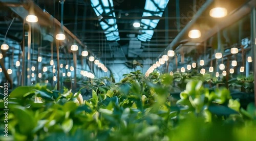 Growing tea plants in a greenhouse with ample lighting for optimal growth and harvest at a sustainable farm