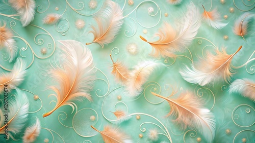 Calming Peach Feathers & Mint Green Swirls - Abstract Floral Stock Photo