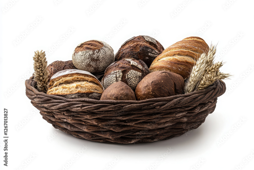 Basket with assorted bread loaves isolated on white or white background Basket with assorted bread loaves isolated on white or white background