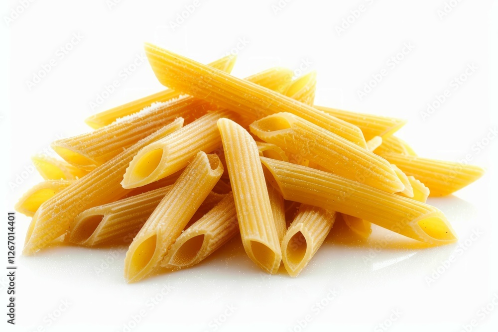 Pile of raw penne pasta on white background. AI image Pile of raw penne pasta on white background. AI image