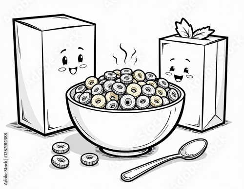 Cute Cartoon Cereal Bowl with Milk and Cereal Boxes