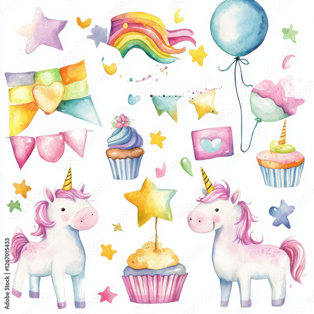 Obraz premium Fun and whimsical clipart set for kidsâ€™ birthday parties featuring adorable unicorns in a variety of playful poses. 