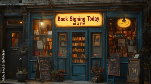 Vintage Bookshop Storefront Halloween Spooky Evening Atmosphere Ancient Books Store Reading Today Entrance Illuminated Historical Setting