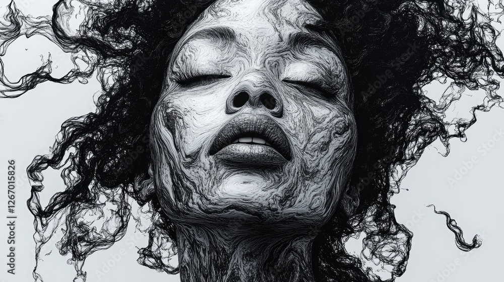 Fototapeta premium Abstract portrait of a woman with flowing hair and intricate patterns, evoking emotion and depth